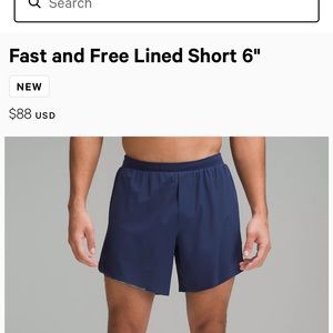 Lululemon men’s 6” fast and free BRAND NEW WITH TAGS